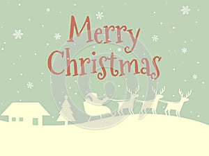 Merry Christmas card. Retro style concept. Happy New Year design. Winter landscape and Santa Claus. House and Christmas tree. Vect