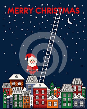 Merry Christmas card with Santa Claus, old town, night sky, stairs on blue background.