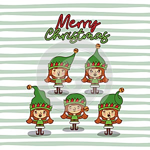 Merry christmas card with set of gnome girls with background of lines