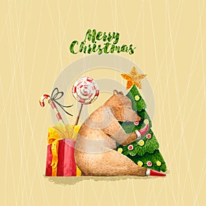 Merry christmas card with sleeping watercolor bear, tree, candies, gift. Hand drawn illustration. Festive template
