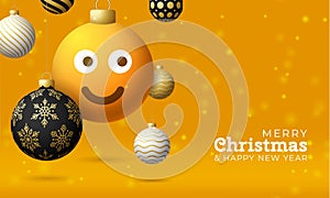 Merry Christmas card with smile emoji face. Vector illustration in flat style with Xmas lettering and emotion in christmas ball