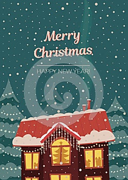 Merry Christmas card in subdued retro colors. House cowerd with snow in christmas lights and snowfall. photo