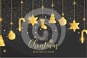 merry christmas card template with golden icons vector illustration