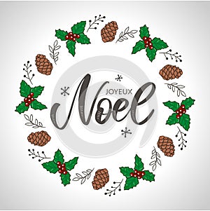 Merry Christmas card template with greetings in french language. Joyeux noel. Vector illustration EPS10