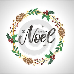 Merry Christmas card template with greetings in french language. Joyeux noel. Vector illustration EPS10