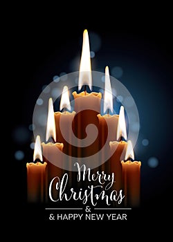 Merry christmas card template with romantic candles in the shape of christmas tree