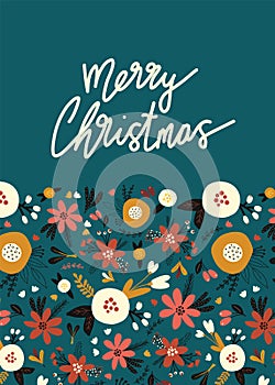 Merry Christmas card template vector illustration. Holiday greeting card design with winter flowers and leaves seamless