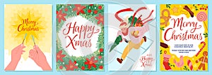 Merry Christmas card templates set, hands holding sparklers, character running to party