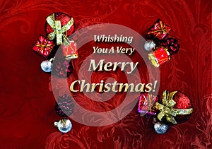 Merry Christmas Card with Textured Background and Red Gold Ornaments with Text for Seasons Greetings