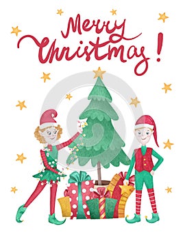 Merry Christmas card, watercolor illustration with Christmas elves, lettering