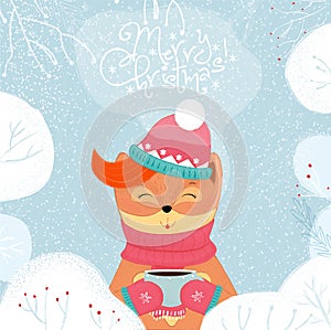 Merry Christmas card winter fox drinking hot tea