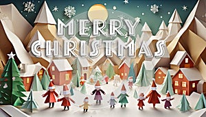 Merry Christmas Card, Winter Landscape and Greeting text, ai generated