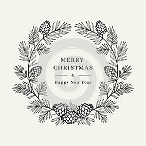 Merry Christmas card, Winter wreath Pine tree branch with cones, Floral wreath. Merry Christmas and Happy New Year