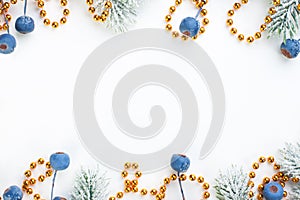Merry Christmas card. Xmas composition border with snowy green fir branch and blue winter berries on white background