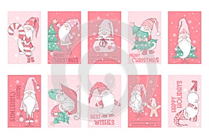 Merry Christmas cards collection with cute hand drawn gnomes, Christmas trees and letterings isolated on white background. photo