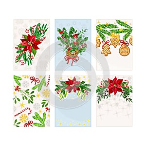 Merry Christmas cards set. Party invitation, winter holiday greeting card with green fir tree branches, gingerbreads and