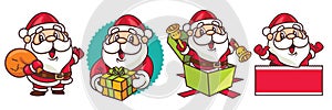 Merry Christmas. Cartoon Christmas Santa Claus set. Santa Claus with Christmas present and bag