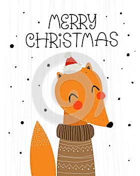 Merry Christmas. Cartoon fox, hand drawing lettering, decor elements. holiday theme. Colorful vector illustration, flat style. des