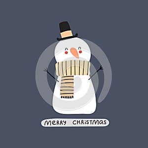 Merry Christmas. Cartoon snowman, hand drawing lettering. holiday theme. Colorful vector illustration, flat style.