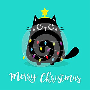 Merry Christmas cat fir tree shape. Garland lights bulb string Star. Kitty kitten sitting. Funny Kawaii animal Kids print. Cute