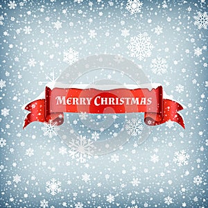 Merry Christmas celebration background with falling snow and red banner ribbon vector illustration