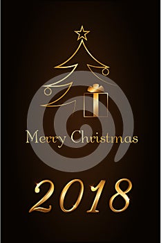 Merry Christmas celebration background, gold Xmas tree. Decorative golden gift box, number 2018. Simple sketch for card