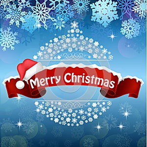 Merry Christmas celebration background with red realistic ribbon banner hat