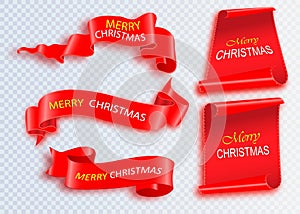Merry Christmas celebration background with red realistic ribbon banner and snow.