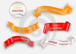 Merry Christmas celebration background with red realistic ribbon banner and snow.