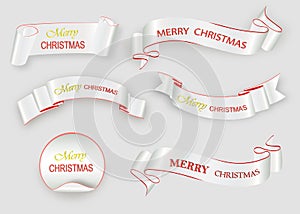 Merry Christmas celebration background with red realistic ribbon banner and snow.