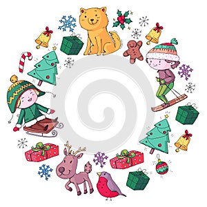 Merry Christmas celebration with children. Kids drawing illustration with ski, gifts, Santa Claus, snowman. Boys and