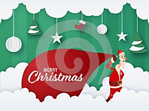 Merry Christmas Celebration Concept with Santa Claus Character Pulling a Red Heavy Sack, Hanging Baubles, Stars, Xmas
