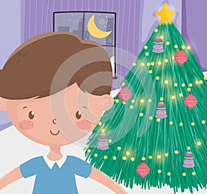 Merry christmas celebration cute boy tree bright lights balls living room