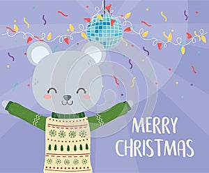 Merry christmas celebration cute rabbit with disco ball lights confetti decoration