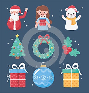 Merry christmas celebration decoration icons girl bear santa tree wreath ball gifts