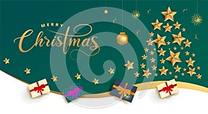 Merry Christmas celebration greeting card design decorated with top view of gift box, golden stars and baubles on green background