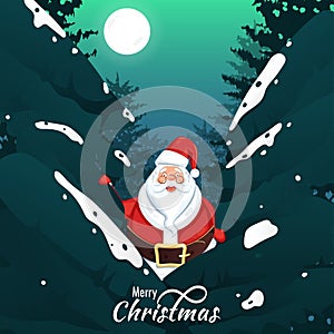 Merry Christmas celebration greeting card design with santa claus character and xmas tree.