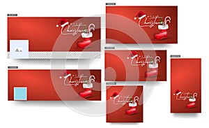 Merry Christmas Celebration Header or Banner, Poster and Template Design with Santa Hat and Candy Cane, Pine Leaves in Red Boot on