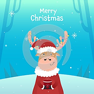 Merry Christmas Celebration Poster Design With Cartoon Reindeer Wearing Santa Hat And Enjoying Hot Beverage On Snowfall