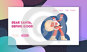 Merry Christmas Celebration Website Landing Page. Santa Claus in Red Costume and Hat Holding Big Sack Full of Gifts