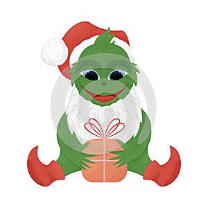 Merry Christmas character in cartoon style, grinch in santa\'s hat and New Year\'s boots rejoices at a gift