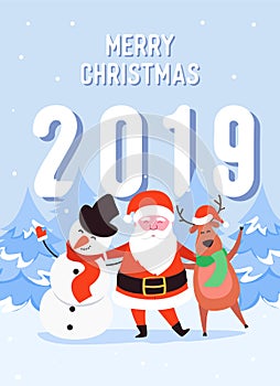 Merry Christmas characters of Santa Claus, Reindeer and Snowman. Happy Winter Holidays New Year greeting card