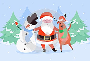 Merry Christmas characters of Santa Claus, Reindeer and Snowman. Happy Winter Holidays New Year greeting card