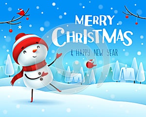 Merry Christmas! Cheerful snowman greets in Christmas snow scene winter landscape