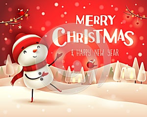 Merry Christmas! Cheerful snowman greets in Christmas snow scene winter landscape
