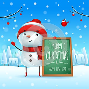 Merry Christmas! Cheerful snowman with message board in Christmas snow scene winter landscape.