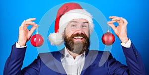 Merry christmas. Christmas atmosphere spread around. Holidays meant for fun. Man bearded wear formal suit and santa hat