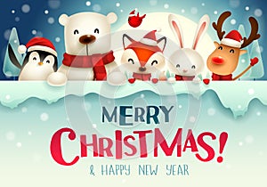Merry Christmas! Christmas cute animals character with big signboard in the moonlight