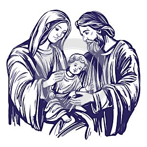 Merry Christmas. Christmas story. Mary, Joseph and the baby Jesus, Son of God , symbol of Christianity hand drawn vector