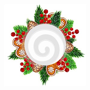 Merry Christmas circle festive wreath with spruce twigs,cones,red berries,gingerbreads